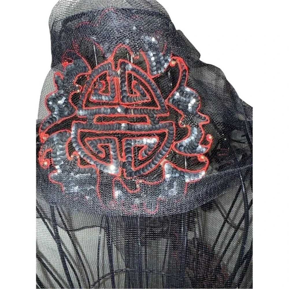Etsy Women's Black Sheer Embroidered‎ Geometric Rectangle Scarf sequin fringe